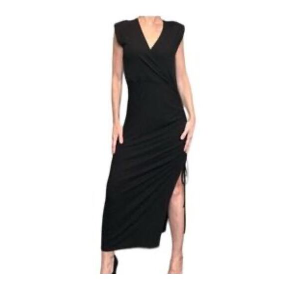 Rachel Zoe Black Midi Dress L Ribbed Knit Ruched Side Sleeveless Bodycon Stretch - Picture 1 of 8